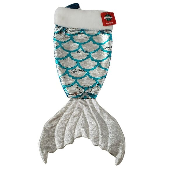 New Mermaid Tail Christmas Stocking Aqua Silver Sparkles Reversible Sequins Fur - Picture 1 of 4